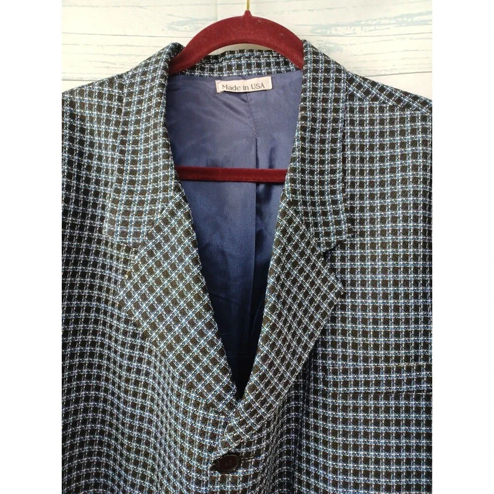 Vtg Paitano Tweed Blazer Mens Sz 50 Black Blue Plaid